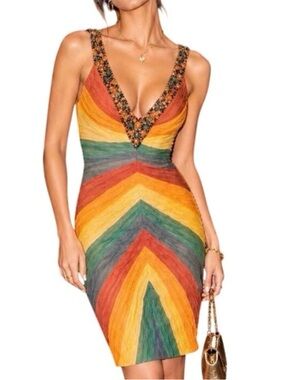 Mandalay 100% Silk Rainbow Stripe Mini Sheath Dress Beaded Strap Sleeveless NWT
